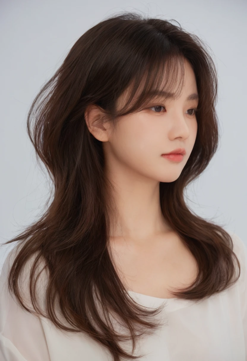 Best Quality, 8k, Masterpiece, (Portrait: 1.3), (photo realistic:1.4), (hyper realistic:1.4), Sharp Focus, looking at viewer, (smoother lighting:1.1), (increase cinematic lighting quality:0.9), realistic lighting, backlighting, light on face, ray trace, (brightening light:1.2), (Increase quality:1.4), sharp detail, (best quality real texture skin:1.4), finely detailed eyes, black_eyes, finely detailed face, 25 year old Korean woman, (white formal_shirt:1.4), (Create an image maintaining the original base model hairstyle:1.5)