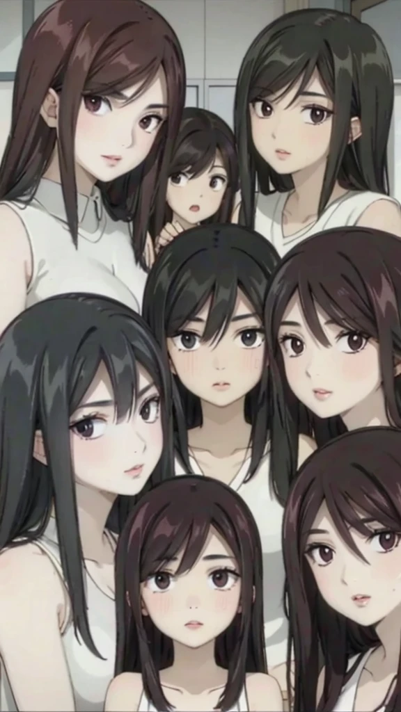 Mommy with 4 daughters,black hair, long hair, messy hair, hair between eyes, chubby cheek,Sexy lips, pucker lips