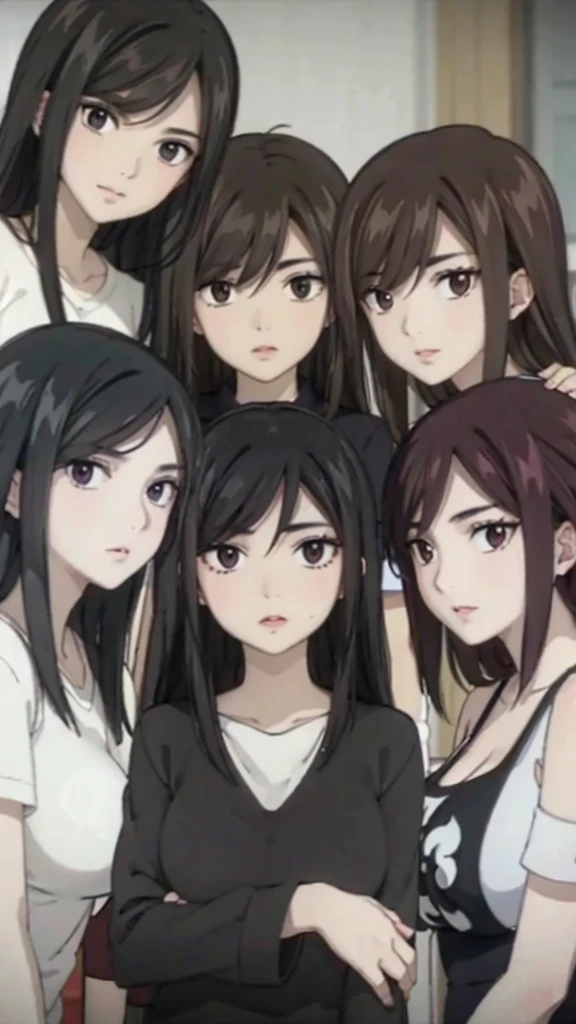 Mommy with 4 daughters,black hair, long hair, messy hair, hair between eyes, chubby cheek,Sexy lips, pucker lips