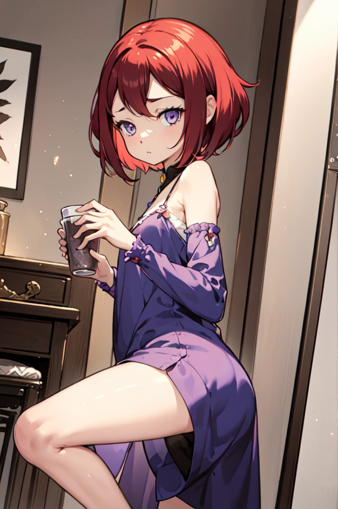 A woman with short red hair, purple, and white. Mengenakan gaun merah dan purple serta memiliki tanduk kerbau. facing forward 