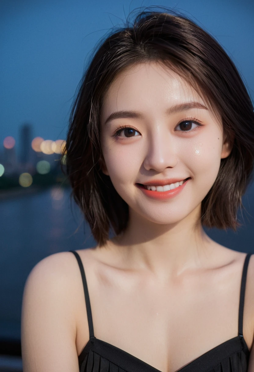 (original photo, best quality), (Practical, photoPractical: 1.2), (Round Face: 1), 1 girl, Outdoor selfie, (High Detail Skin: 1.2), (Puffy eyes), (Eye bags), Smile, clavicle, water, Brown and black straight hair, Pure black pleated skirt, Soft lighting, high quality, city View, Skyline, night, rain, wet, Professional lighting, Photon Mapping, Radiosity, Physically Based Rendering,