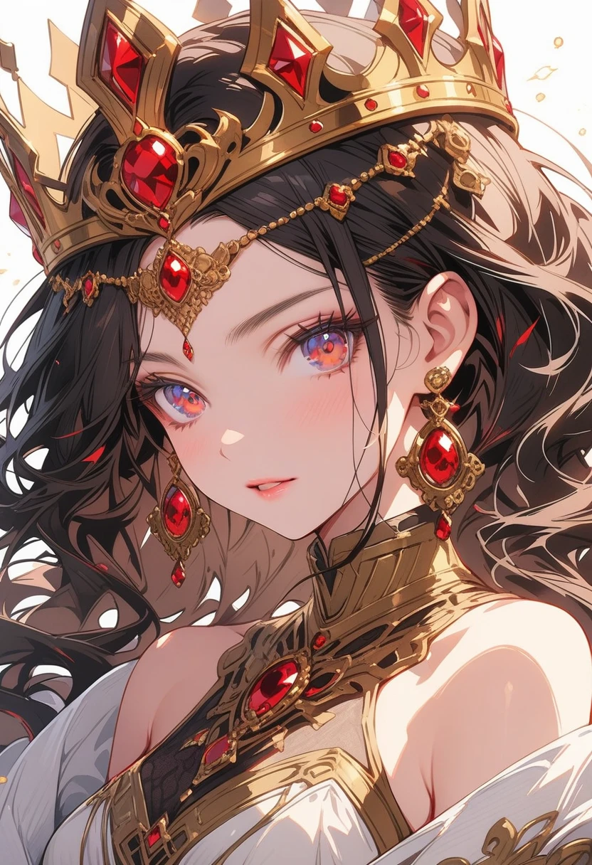 a beautiful queen, extremely detailed face, beautiful detailed eyes, beautiful detailed lips, long eyelashes, flawless skin, Crown, ornate gold jewelry, flowing silk dress,close_up,Exquisite makeup,best quality,Amazing,masterpiece,delicate,ultra high res,ultra detailed,8K,sharp focus,(extremely detailed CG unity 8k wallpaper),