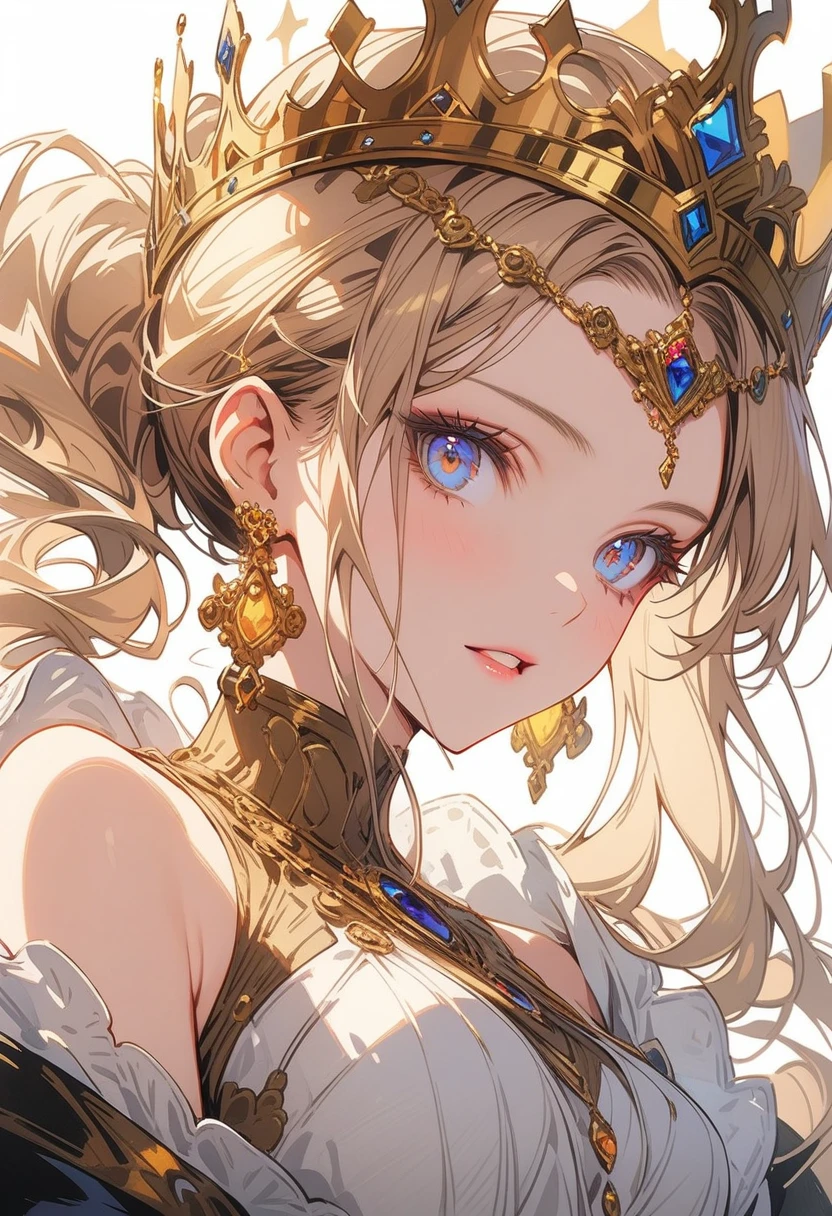a beautiful queen, extremely detailed face, beautiful detailed eyes, beautiful detailed lips, long eyelashes, flawless skin, Crown, ornate gold jewelry, flowing silk dress,close_up,Exquisite makeup,best quality,Amazing,masterpiece,delicate,ultra high res,ultra detailed,8K,sharp focus,(extremely detailed CG unity 8k wallpaper),