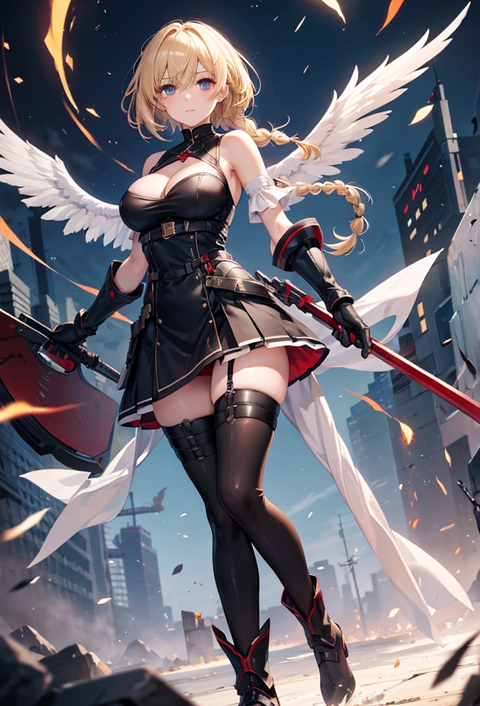 slender, mature female,1girl, heterochromia, rating:safe, solo, weapon, thighhighs, breasts, blonde_hair, blue_eyes, holding_weapon, wings, holding, dress, black_legwear, long_hair, cleavage, boots, black_gloves, gloves, short_dress, large_breasts, medium_breasts, bangs, red_eyes, armor, huge_weapon, hair_between_eyes, braid, black_footwear, closed_mouth,short_hair