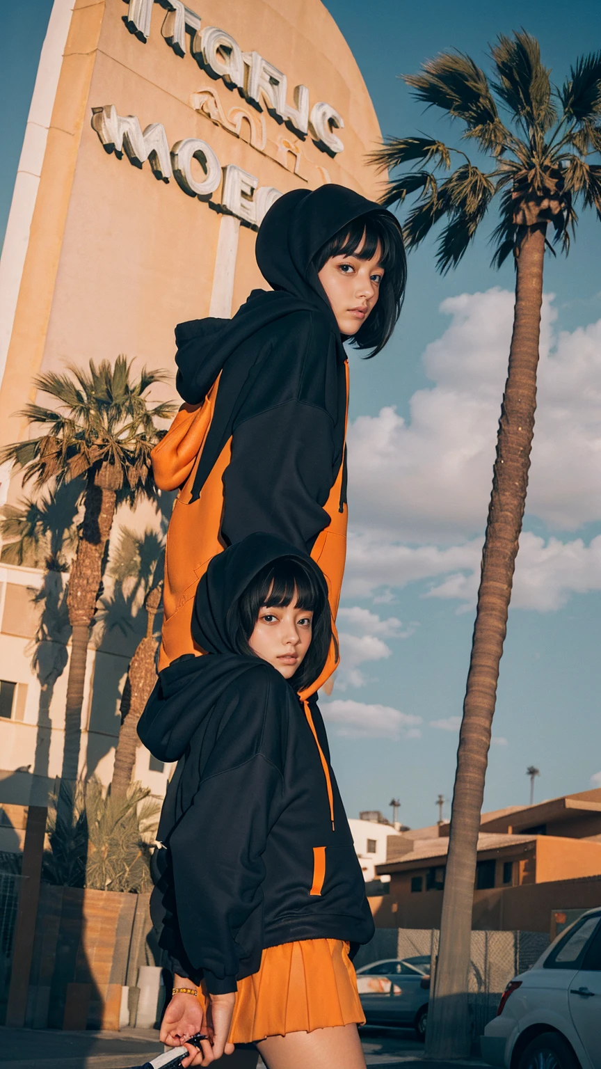 1 girl,looking camera, wear ((orange oversized hoodie)), (purple tennis skirt),Best Quality,Masterpiece,Ultra High Resolution,(Realisticity:1.4),Original Photo, 1Girl, light leak,dark intens shadow,ultra high resolution,UHD,beautiful, (black bob hair), almond eye, no makeup, in front of 80's architecture colorful motel, (from below:1.2), (realistic:1.2), (surreal:1.3), (very detailed:1.1), ((masterpiece)),summer, blue sky, palm trees,sunny, los angles vibes