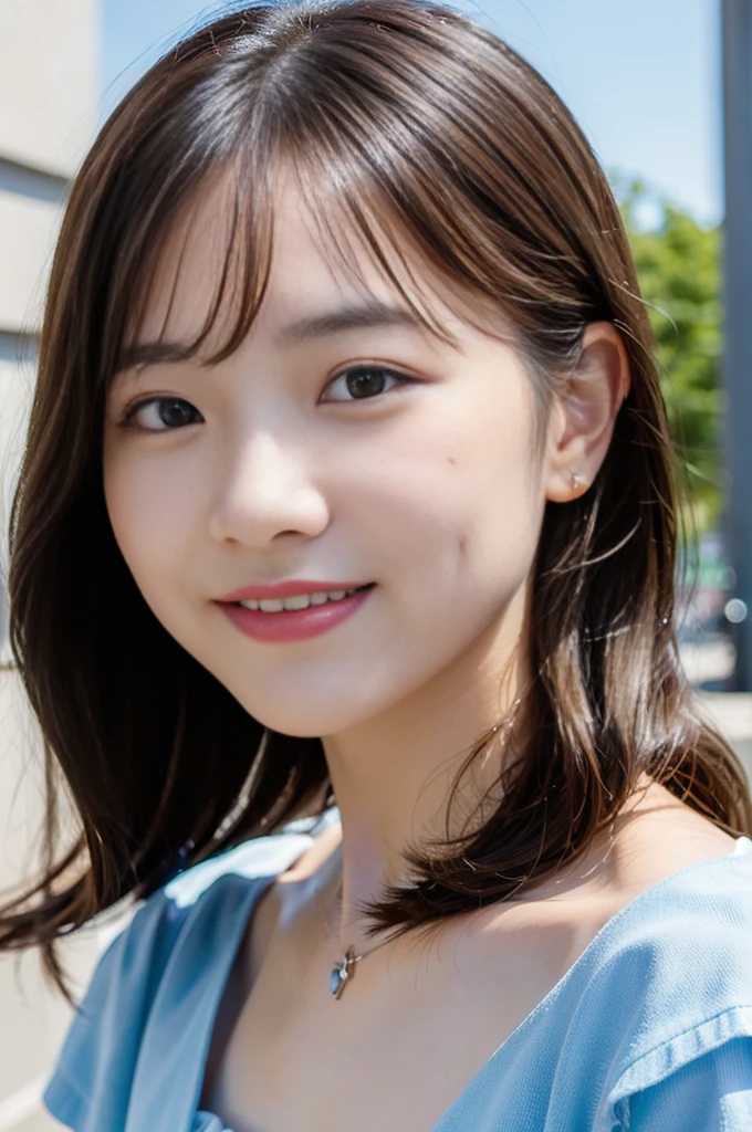 (8K, RAW Photos, Highest quality、masterpiece:1.2), (Realistic、Realistic:1.37), Very detailed, High resolution, 1 girl, cute, Laughter, View your viewers, dress, Beautifully detailed face、blue sky,Beautiful and detailed skin、Skin Texture、Floating Hair、Professional Lighting, noon