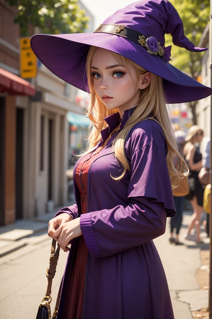 witch woman with purple and red clothes and purple hat, blonde hair, fair skin, green eyes, 1girl, alone