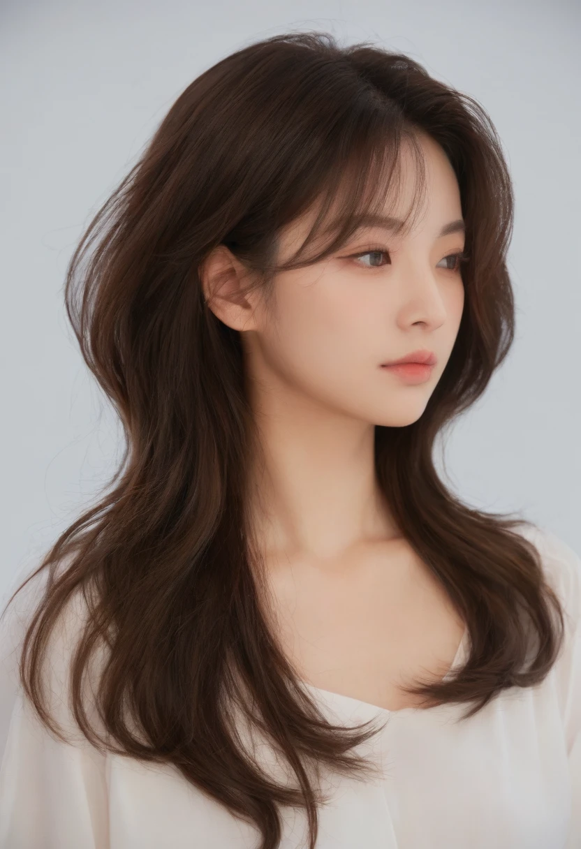 Best Quality, 8k, Masterpiece, (Portrait: 1.3), (photo realistic:1.4), (hyper realistic:1.4), Sharp Focus, looking at viewer, (smoother lighting:1.1), (increase cinematic lighting quality:0.9), realistic lighting, backlighting, light on face, ray trace, (brightening light:1.2), (Increase quality:1.4), sharp detail, (best quality real texture skin:1.4), finely detailed eyes, black_eyes, finely detailed face, 25 year old Korean woman, (white formal_shirt:1.4), (Create an image maintaining the original base model hairstyle:1.5)

