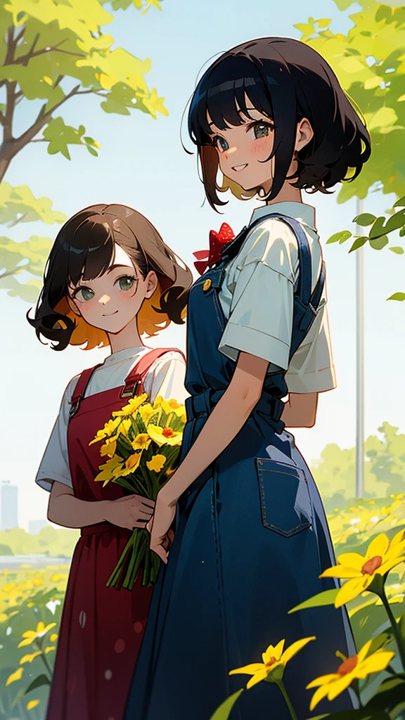 Two young girls standing side by side. The girl on the left has long, straight black hair and is wearing a red dress with white polka dots. She is smiling warmly. The girl on the right has short, curly blonde hair and is wearing a blue denim overall dress with a yellow t-shirt underneath. She is holding a small bouquet of flowers and has a cheerful expression. Both girls are in a park with green trees and a clear blue sky in the background.