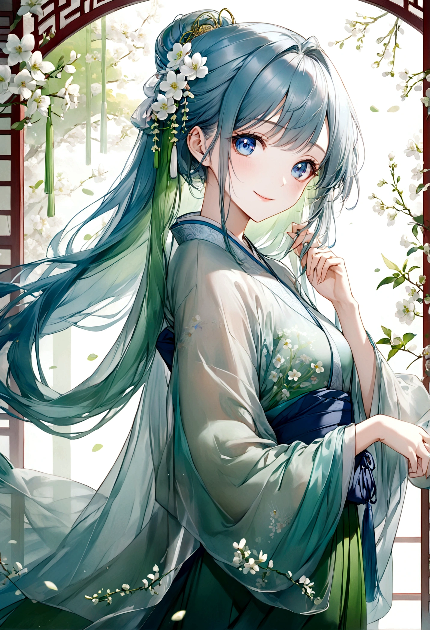 ((top-quality)), ((​masterpiece)), ((ultra-detailliert)), (extremely delicate and beautiful), beautiful woman, bright light blue hair, long hair, sapphire blue eyes, traditional chinese hairstyle, wearing beautiful hanfu dress, sheer green hanfu, flowy shawl, shawl is sheer spring green, sweet smile, relaxed expression, fair complexion, delicate white flowers background