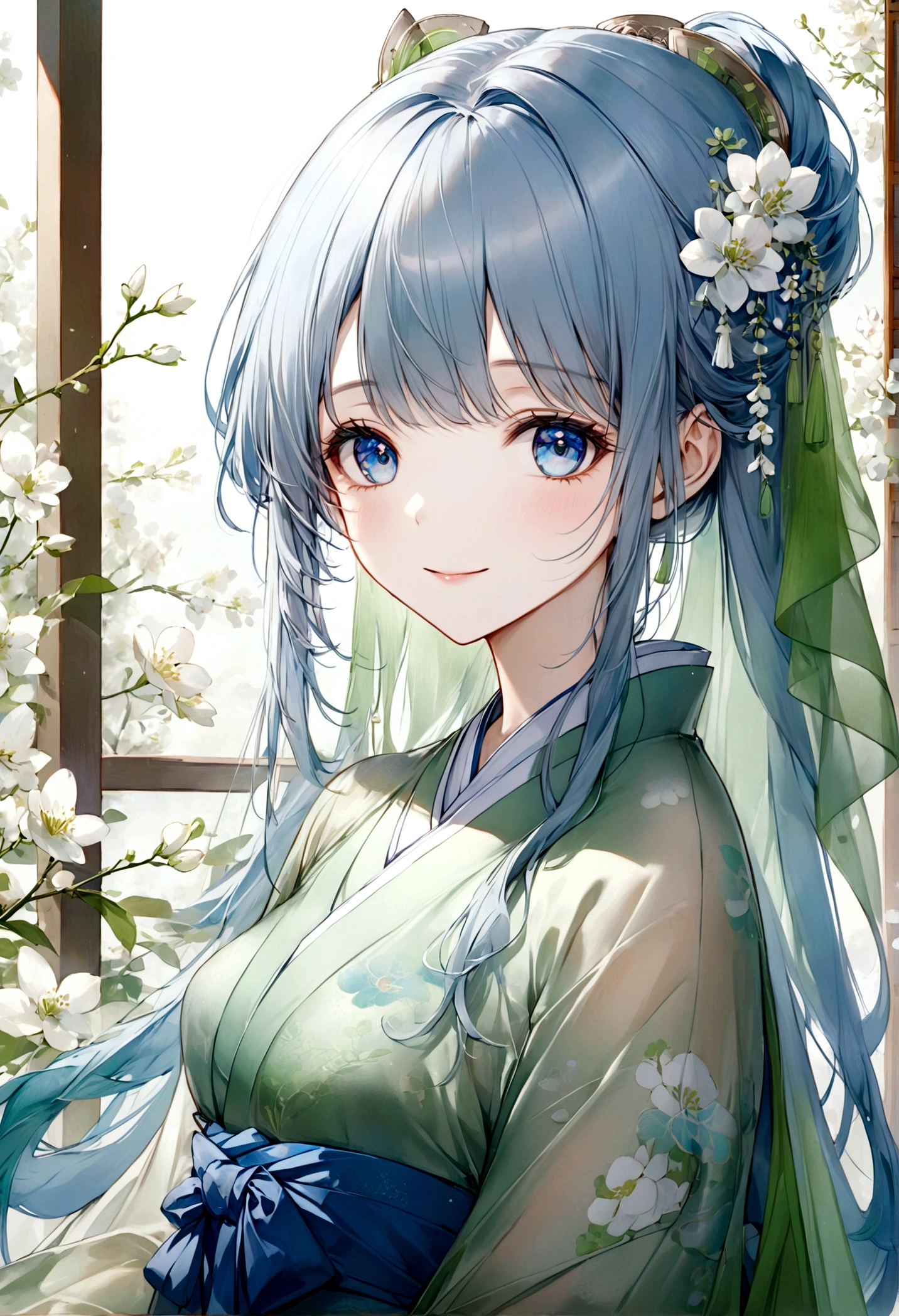 ((top-quality)), ((​masterpiece)), ((ultra-detailliert)), (extremely delicate and beautiful), beautiful woman, bright light blue hair, long hair, sapphire blue eyes, traditional chinese hairstyle, wearing beautiful hanfu dress, sheer green hanfu, flowy shawl, shawl is sheer spring green, sweet smile, relaxed expression, fair complexion, delicate white flowers background