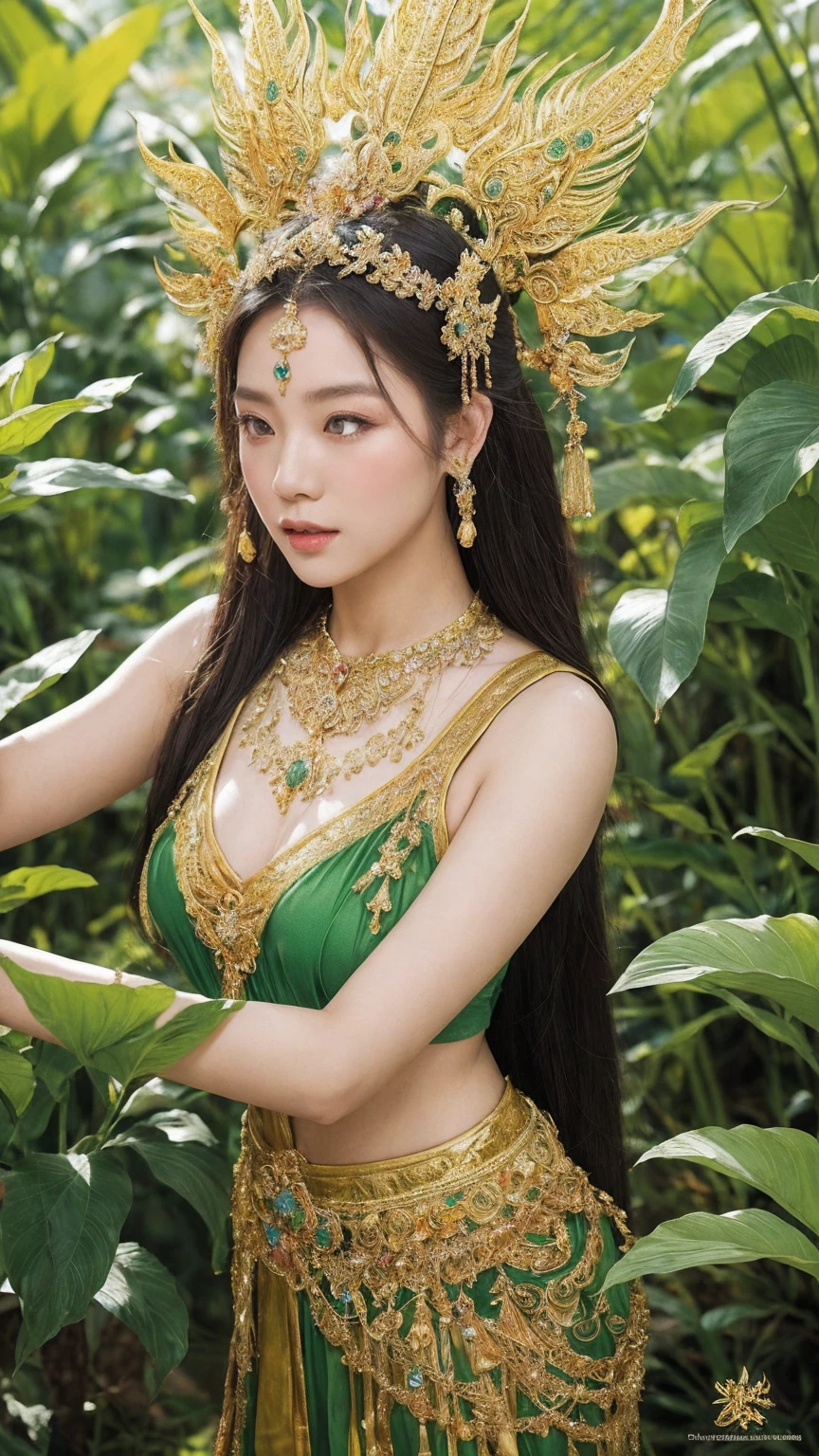 ภาพเต็มตัว, Create an image of the female ogre (nang yak) from the Thai epic 'Phra Aphai Mani'. She is depicted as a towering, majestic figure with green skin, fierce yet beautiful facial features, and traditional Thai attire adorned with intricate gold ornaments. Her long, flowing hair is decorated with traditional Thai jewelry. The background is a lush, mythical forest with exotic plants and flowers, capturing the enchanting and mystical atmosphere of the story.