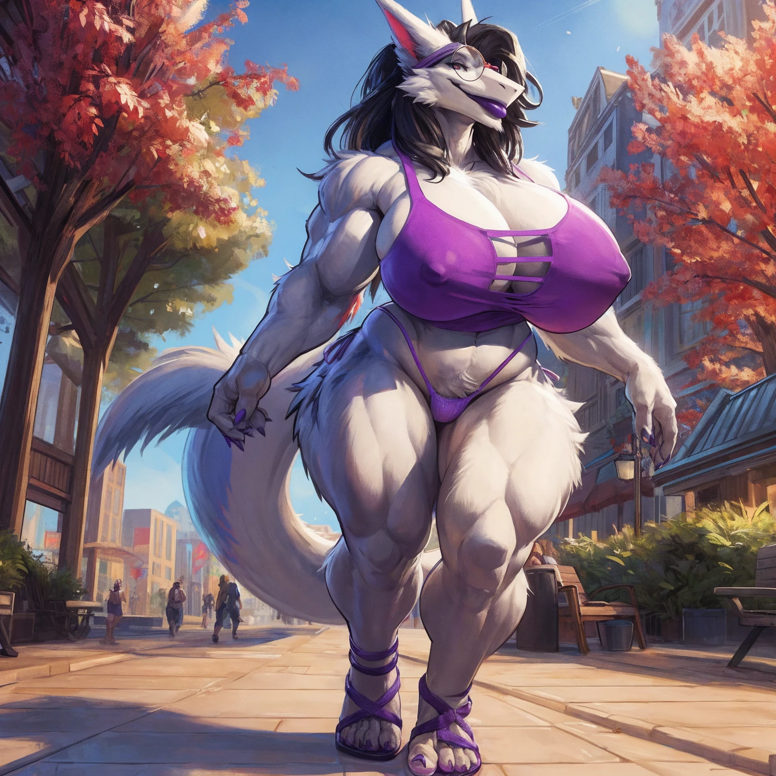 by darkgem, by duase, solo, 1girl, sergal, (white fur:1.3), black hair, seductive smile, round glasses, buff, muscular, giantess, female, older woman, milf, anthro body, broad shoulders, wide body, hyper hips, thick thighs, big arms, hyper breasts, nipple outline, highly detailed eyes, tank top, (g-string:1.3), flip flops, Masterpiece, best quality, absurd res, highly detailed, cleanly drawn eyes, park environment, standing upright, (big bottom lip:1.2), purple lipstick, casual posture, full body, walking towards viewer,