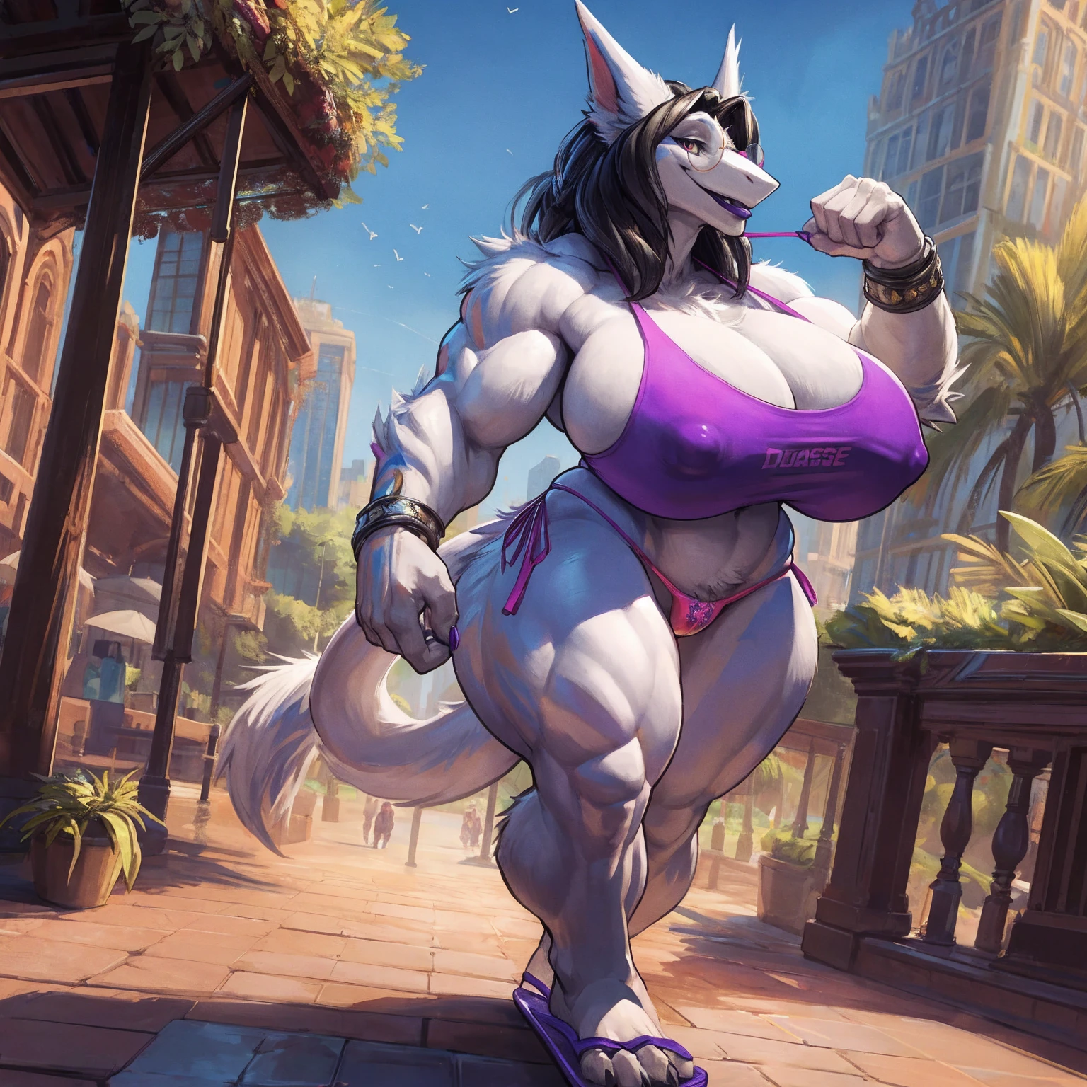 by darkgem, by duase, solo, 1girl, sergal, (white fur:1.3), black hair, seductive smile, round glasses, buff, muscular, giantess, female, older woman, milf, anthro body, broad shoulders, wide body, hyper ????, thick thighs, big arms, ?????????????, ?????? outline, highly detailed eyes, tank top, (g-string:1.3), flip flops, Masterpiece, best quality, absurd res, highly detailed, cleanly drawn eyes, park environment, standing upright, (big bottom lip:1.2), purple lipstick, casual posture, full body, walking towards viewer,