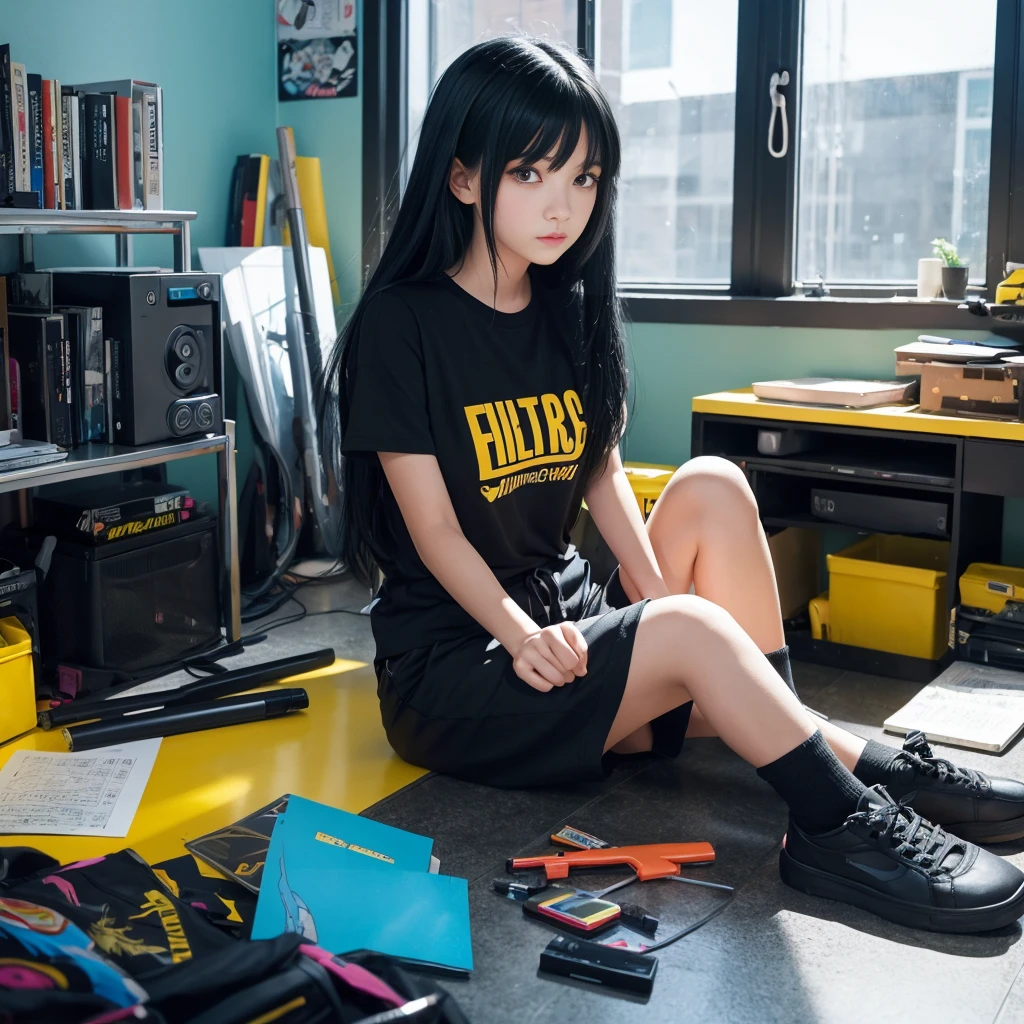 A detailed anime-style illustration of an emo angel girl with long black hair, sitting in a cluttered room. She is wearing a black t-shirt and shorts, with a listless expression. The background features various notes, tools, and a bright yellow wall with a blue sky visible through a window, creating a vibrant and eclectic atmosphere. --ar 3:4 --stylize 800