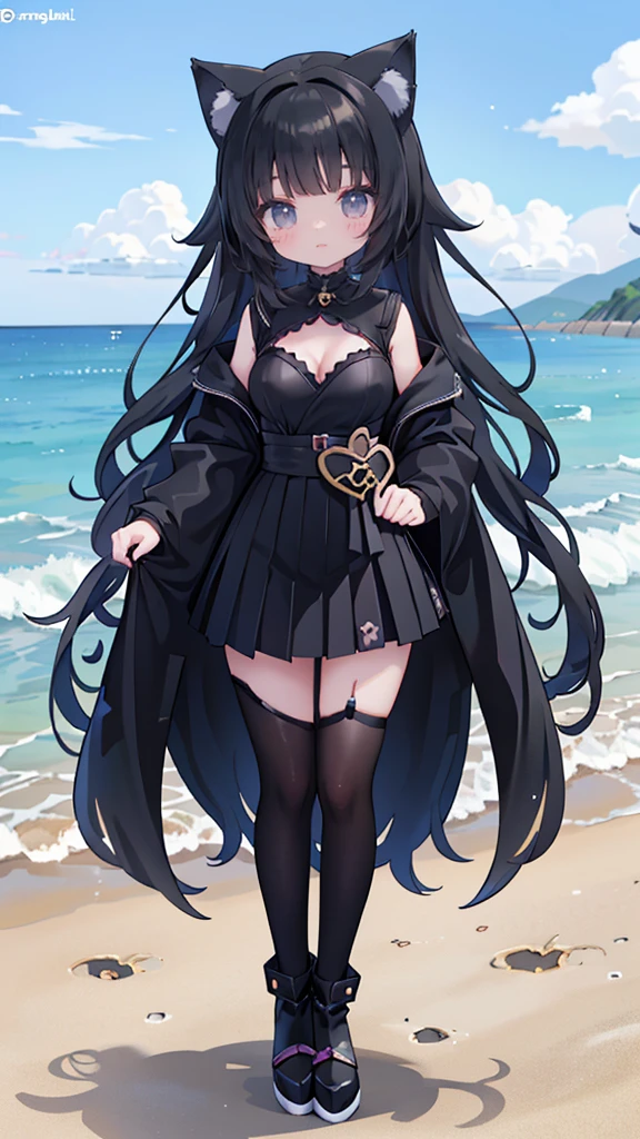Black-haired anime girl with black cat ears standing on the beach, Anime visuals of cute girls, Anime girl Dressed in black, very beautiful anime cat girl, she is wearing a miniskirt,Beautiful anime catwoman, Cute anime catwoman, Anime cute art style, anime long hair girl,Dressed in black,Black mini skirt