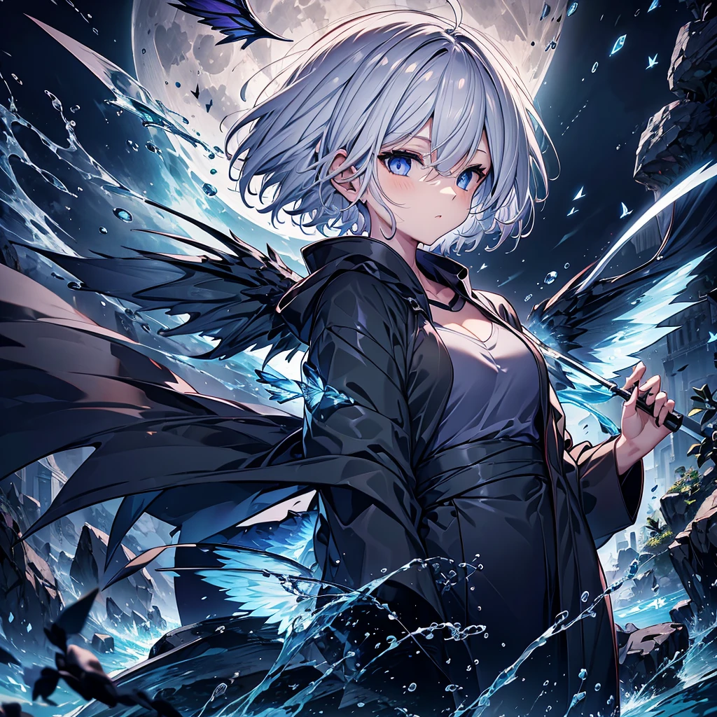 ((((grim Reaper inflammation)))) (((Gray Hair Short Hair blue eyes female Close-up))),((night full moon My own big wings)),(Wearing a hood Black camisole Purple light), A tense look Shining Background Shining Edge