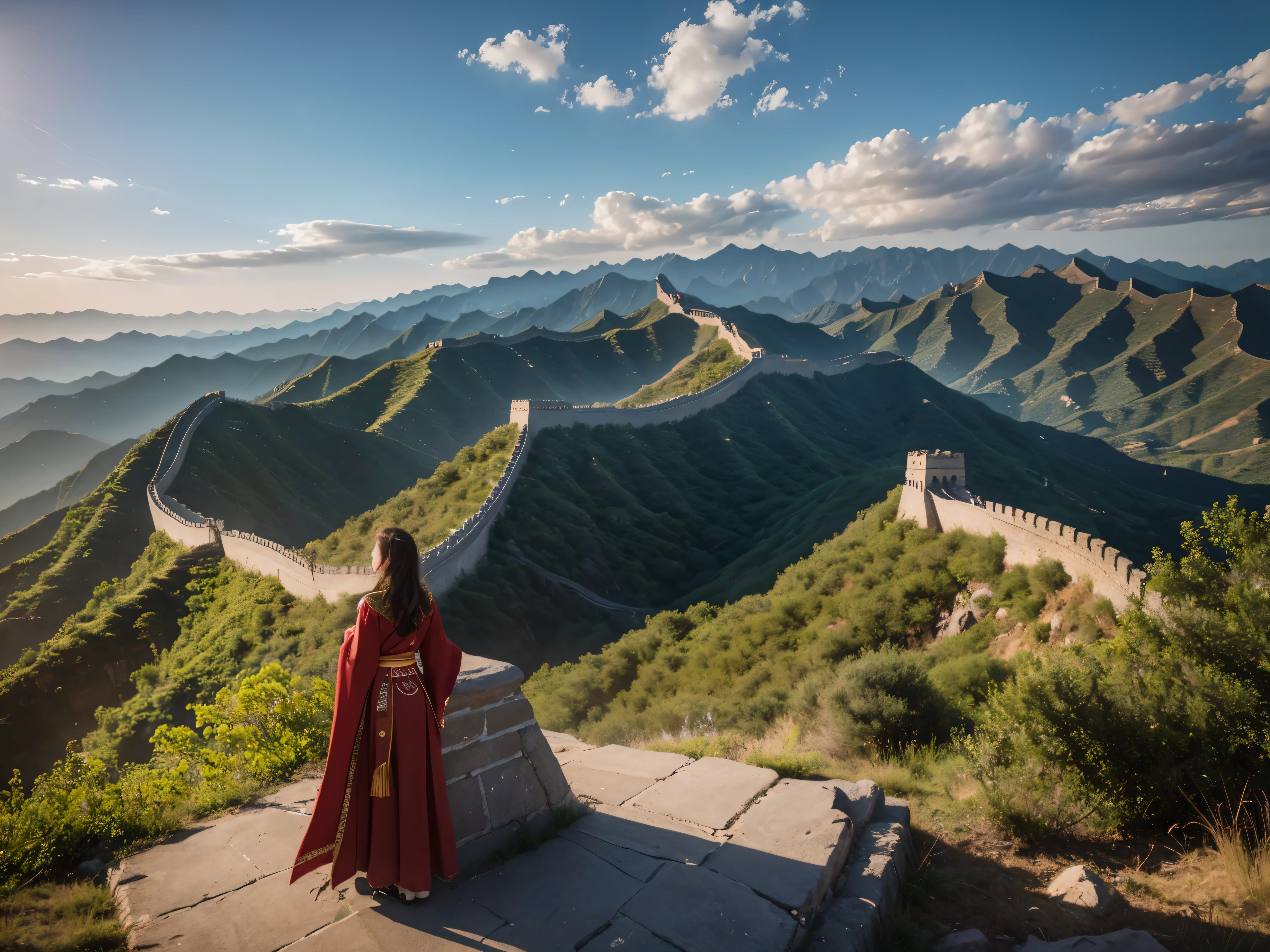 A dramatic, cinematic landscape of the Great Wall of China winding through a rugged, mountainous terrain, 1 girl in traditional Chinese clothing standing atop the wall, looking out over the vast expanse, (best quality,4k,8k,highres,masterpiece:1.2),ultra-detailed,(realistic,photorealistic,photo-realistic:1.37),dramatic lighting,warm color palette,detailed clouds in the sky, lush greenery surrounding the wall,stunning vista,ancient architecture,historic landmark