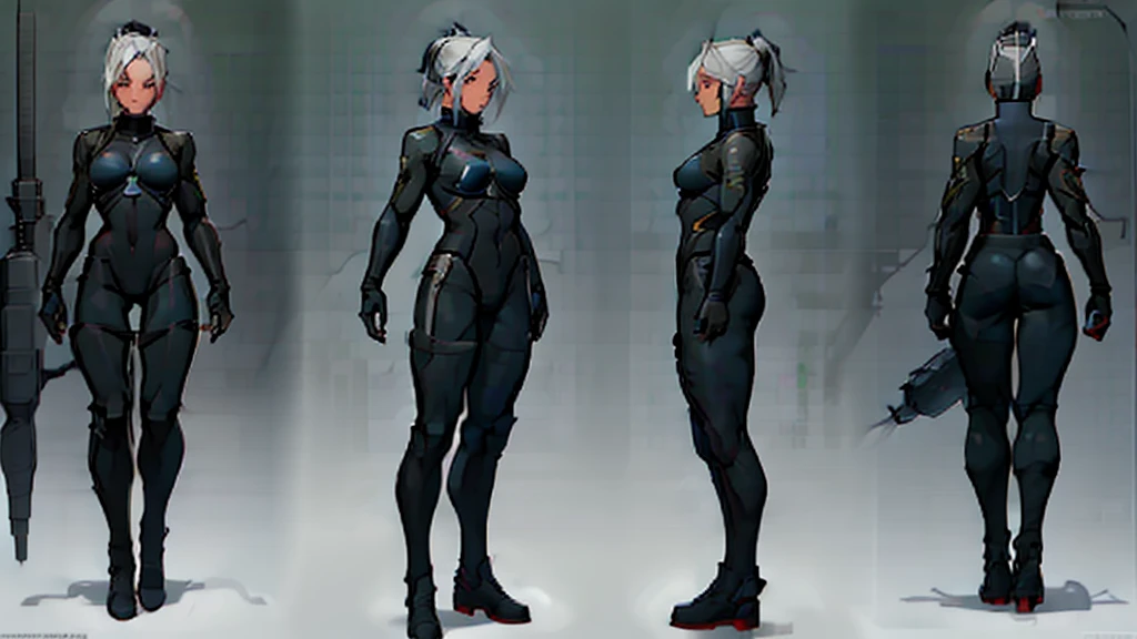 Beautiful cybernetic girl detailed muscles realistic masterpieces full figure pose (best quality,ultra-detailed), white hair in ponytail, fair skin, fit body, slim figure, narrow waist, (cocky expression), black carbon fiber cybernetic mobile combat suit, concept art
