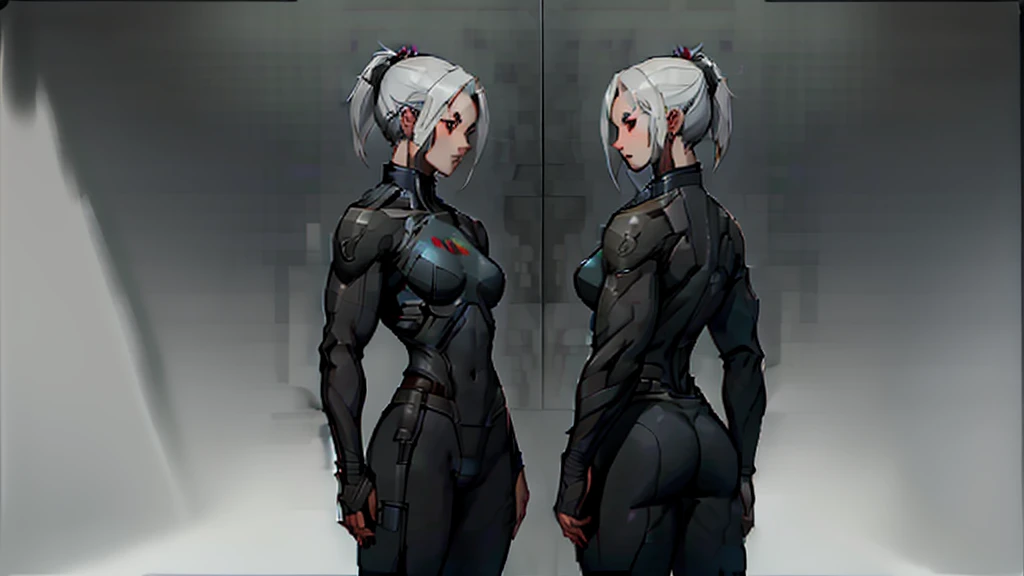 Beautiful cybernetic girl detailed muscles realistic masterpieces full figure pose (best quality,ultra-detailed), white hair in ponytail, fair skin, fit body, slim figure, narrow waist, (cocky expression), black carbon fiber cybernetic mobile combat suit, concept art