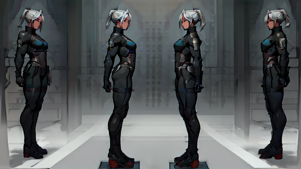 Beautiful cybernetic girl detailed muscles realistic masterpieces full figure pose (best quality,ultra-detailed), white hair in ponytail, fair skin, fit body, slim figure, narrow waist, (cocky expression), black carbon fiber cybernetic mobile combat suit, concept art