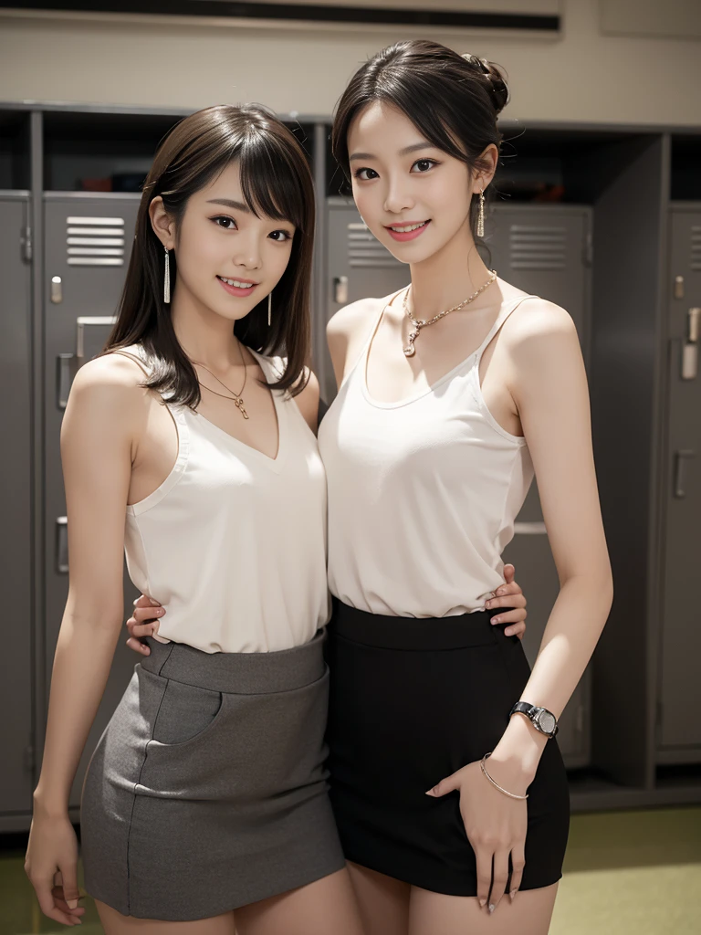 necklace, ring, watch, Earrings,skirt,Two Girls, Looking_in_Audience, smile, Japan, locker room,Half-dressed,locker,tv set,dresser,  Very skinny,A neat image,Mature Woman,Sexy makeup