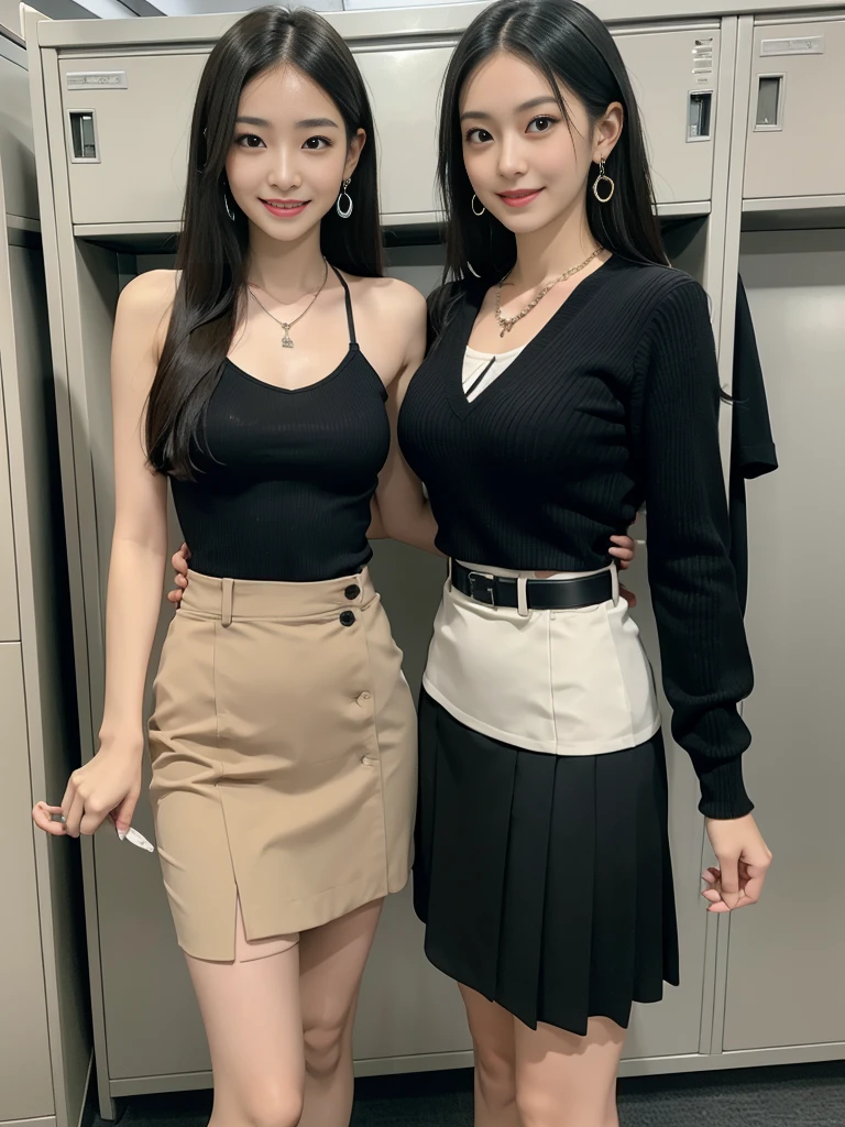 necklace, ring, watch, Earrings,skirt,Two Girls, Looking_in_Audience, smile, Japan, locker room,Half-dressed,locker,tv set,dresser,  Very skinny,A neat image,Mature Woman,Sexy makeup