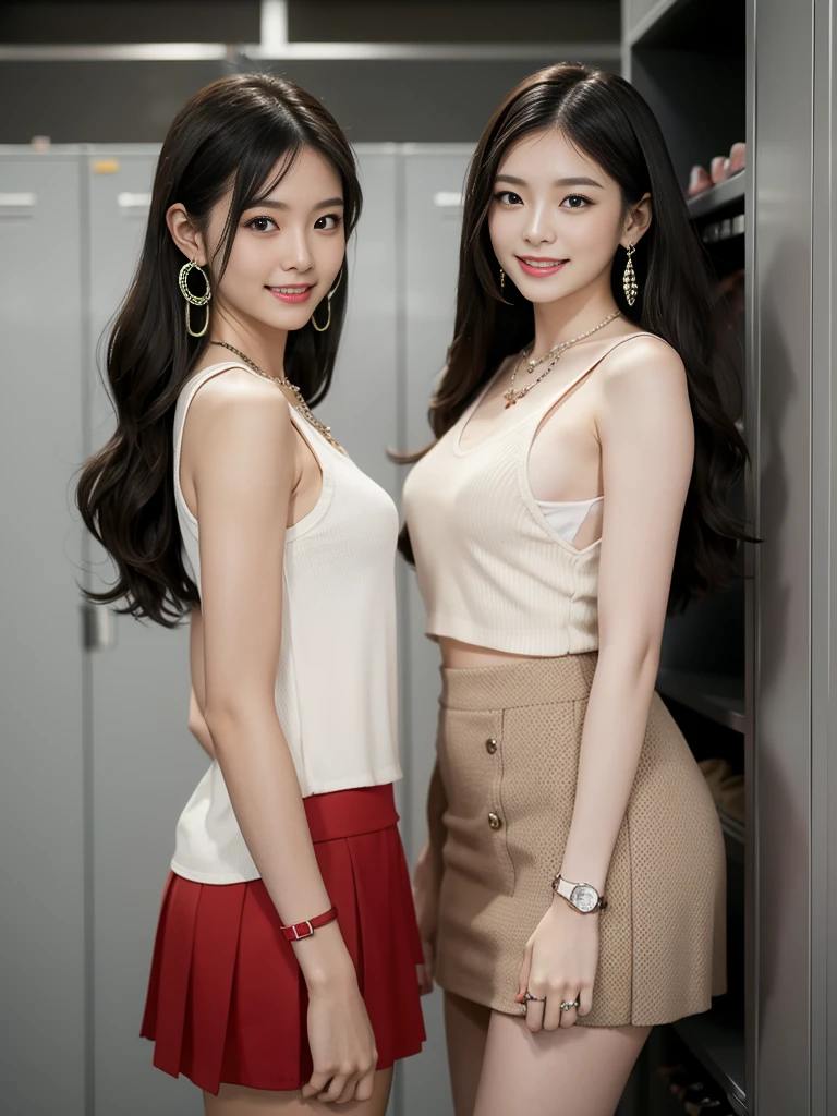 necklace, ring, watch, Earrings,skirt,Two Girls, Looking_in_Audience, smile, Japan, locker room,Half-dressed,locker,tv set,dresser, Very skinny,A neat image,Mature Woman,Sexy makeup