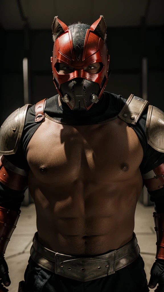 A fighter, of stocky stature, wearing a mask and using armor, his eyes were bright red.