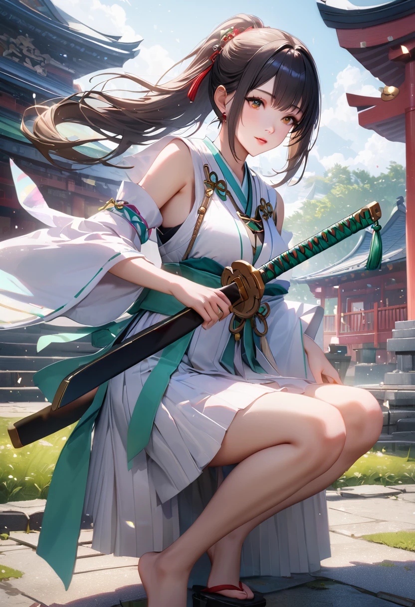 Shrine grounds, Clear sky with white clouds, Shrine maiden, Blur the background,young woman,ponytail,Holding a Japanese sword in an upright position,Glitter effect,Highest quality, 8K, High resolution, masterpiece:1.2, Very detailed, Realistic:1.37, High resolution, 超High resolution, Ultra-fine painting, Very detailed, Professional, Vibrant colors