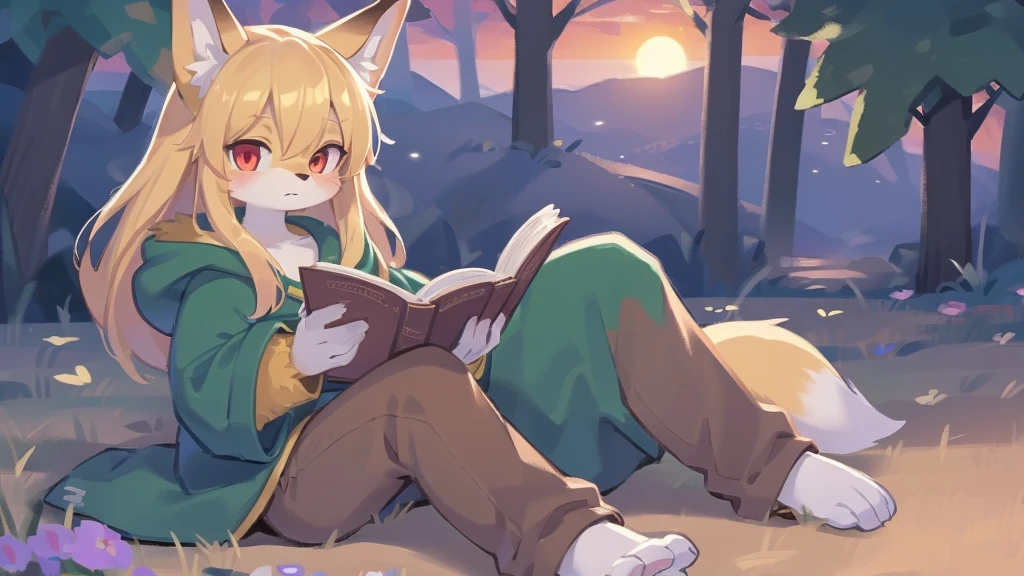 shota the fox, , was hairy, shaggy, skin fur, smooth lashes, golden fur, forelimb hands, straight long blonde hair, solid circle eyes, golden ears, golden fur, golden facial fur, shiny hair, red eyes, super cute face, 1fox tail, fluffy tail, furry tail, expressionless, glowing eyes, green coat green hood up, brown trousers, reading grimoire, sit on big tree, ambient light, ultra-fine fur, dashed eyes, full body, masterpiece, high quality, high-details, best quality, wide short, ((solo)), twilight, sun light, red sky, rim light