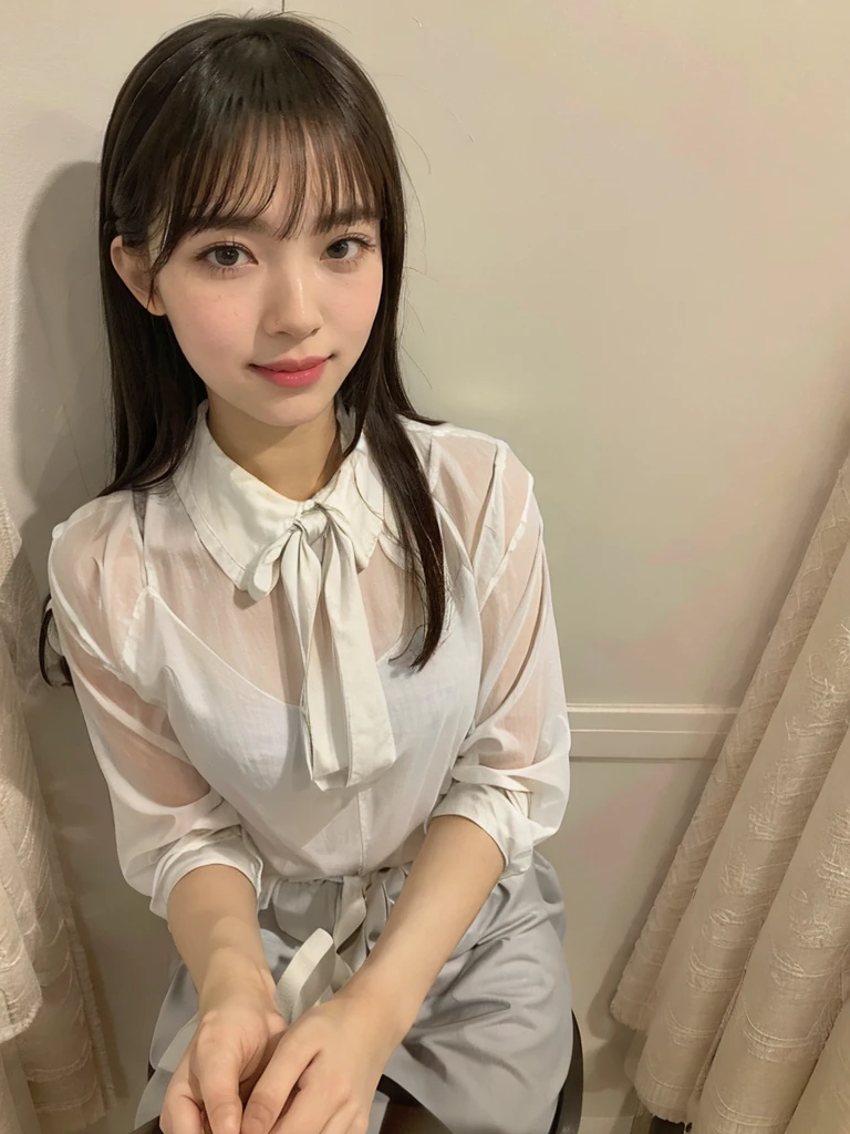 raw photo, 1girl, cute face, beautiful face, medium breast, collared blouse, White blouse, light smile, detailed skin, simple background, Above the knee, sit on a chair, Seductive pose, photorealistic, masterpiece, best quality, anatomically correct