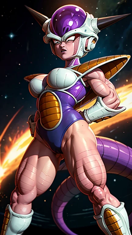 frieza gender bend, big breasts, round ass, round Buttocks, normal standing stance, leg spread apart, tail warp around