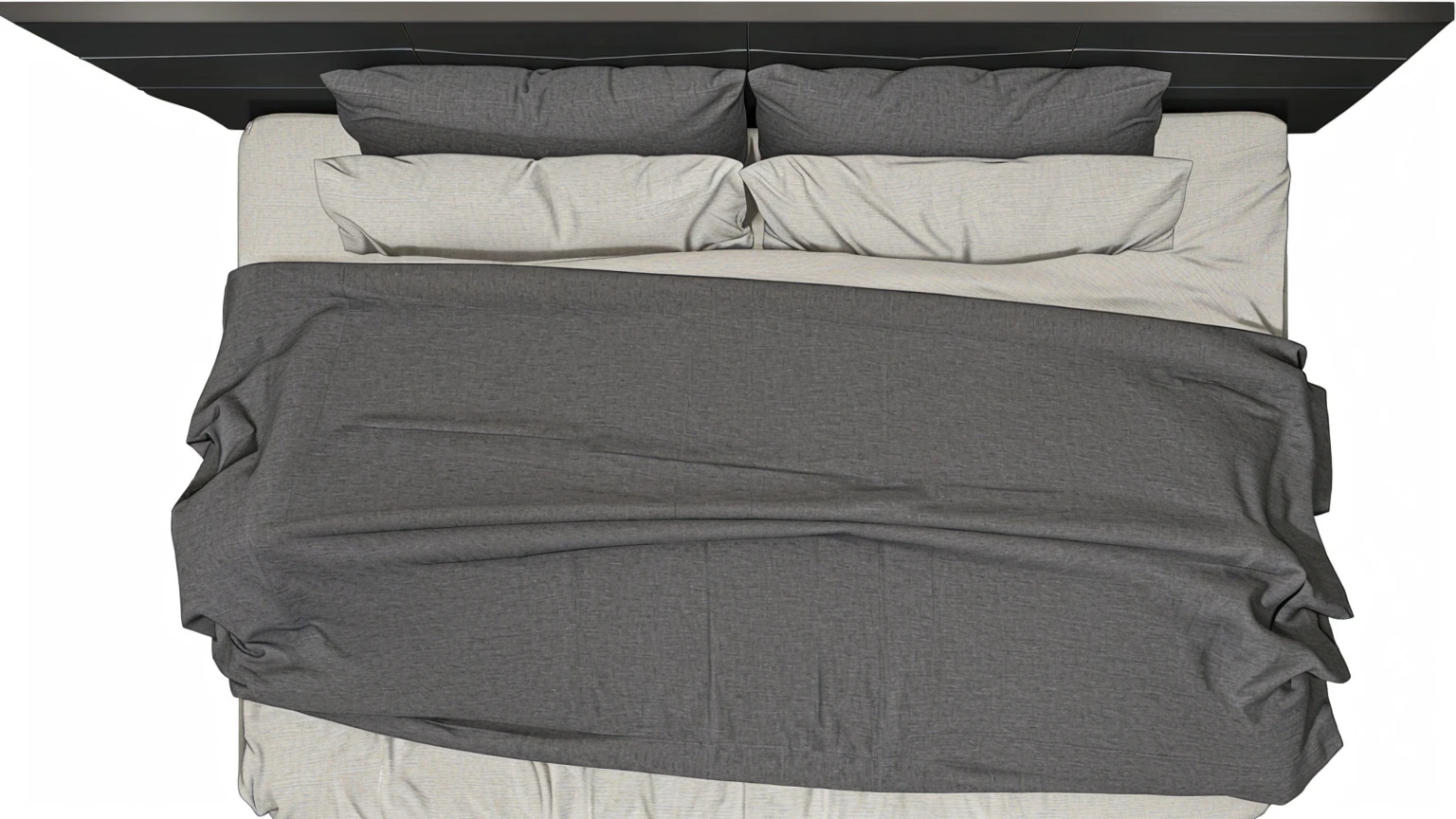 a view of a bed with a gray comforter and pillows, bed, un made bed, bed on the right, large comfy bed, small bed not made, bed is not made, photorealistic detailed picture, beds, high quality 3d realistic, cozy bed, highdetailed, dark bedroom, laying in bed, (night), untextured, realistic highly detailed