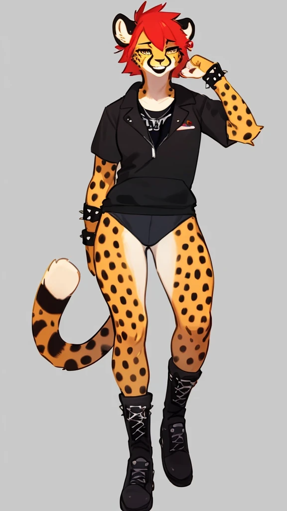 By bebebebebe, by lostgoose, by goonie-san, solo, standing, female, cheetah, sexy ,punk , hair ,red,long, smiling, happy, punk,