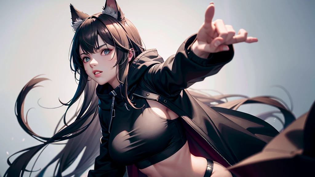 A highly detailed, realistic, photorealistic portrait of a young woman with long brown hair, wearing a black crop top and a large hooded jacket that is partially unzipped revealing her midriff, with cat ears and a large fluffy tail, looking forward with her hands outstretched, on a plain white background, masterpiece, best quality, 8K, ultra-detailed, physically-based rendering, vivid colors, cinematic lighting.((Hold your hands in front of your face)),Qigong fist stance