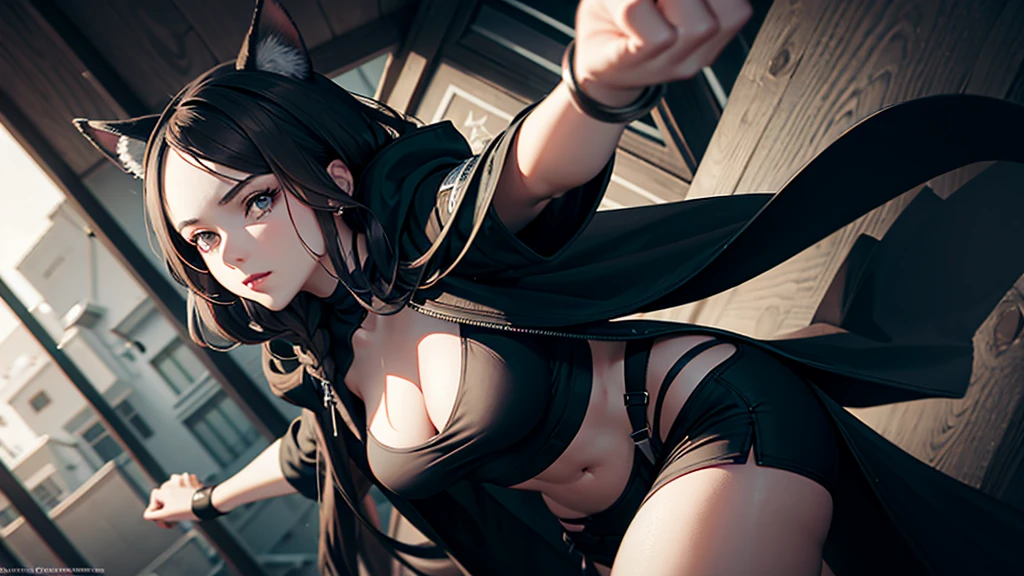 A highly detailed, realistic, photorealistic portrait of a young woman with long brown hair, wearing a black crop top and a large hooded jacket that is partially unzipped revealing her midriff, with cat ears and a large fluffy tail, looking forward with her hands outstretched, on a plain white background, masterpiece, best quality, 8K, ultra-detailed, physically-based rendering, vivid colors, cinematic lighting.((Hold your hands in front of your face)),Qigong fist stance