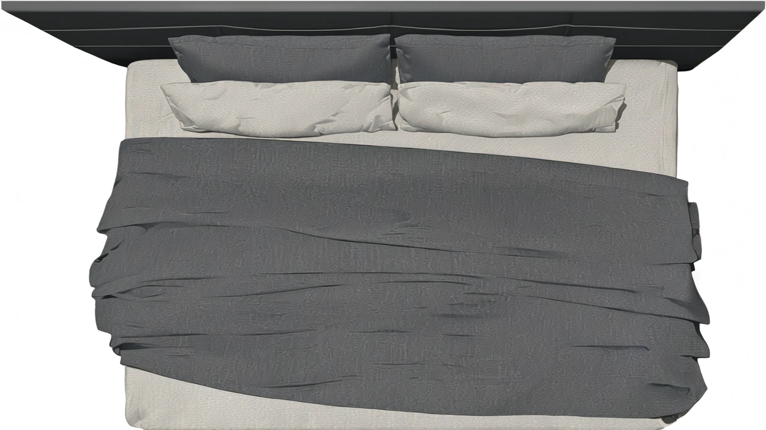 a view of a bed with a gray comforter and pillows, bed, un made bed, bed on the right, large comfy bed, small bed not made, bed is not made, photorealistic detailed picture, beds, high quality 3d realistic, cozy bed, highdetailed, dark bedroom, laying in bed, (night), untextured, realistic highly detailed