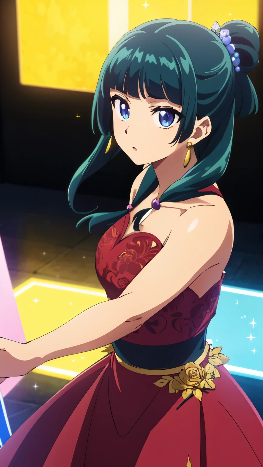 (Top quality, 8k, high resolution, masterpiece: 1.2), super detailed, anime art style, dynamic angle, (Western style dress, party venue), detailed green hair, detailed blue eyes, intricate hairstyle, long hair , slim body, sparkling eyes, youthful, hair accessories, earrings, half-updo, slightly dull bangs, detailed lighting, bright colors, looking at the viewer, in the center of the image, cowboy shot,