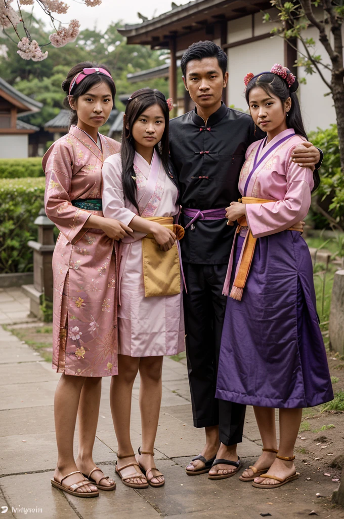 Realistic 3D depiction of a young Indonesian man wearing traditional black Sundanese clothing and a batik headband, being held by 2 sister.
The older sister from China (dressed in bright purple and carrying a bow).
The younger sister from Japan (dressed in bright pink Japanese samurai battle clothes and carrying a katana).
The three of them walked on a dirt road against the backdrop of a garden with Chinese ornaments and cherry blossoms