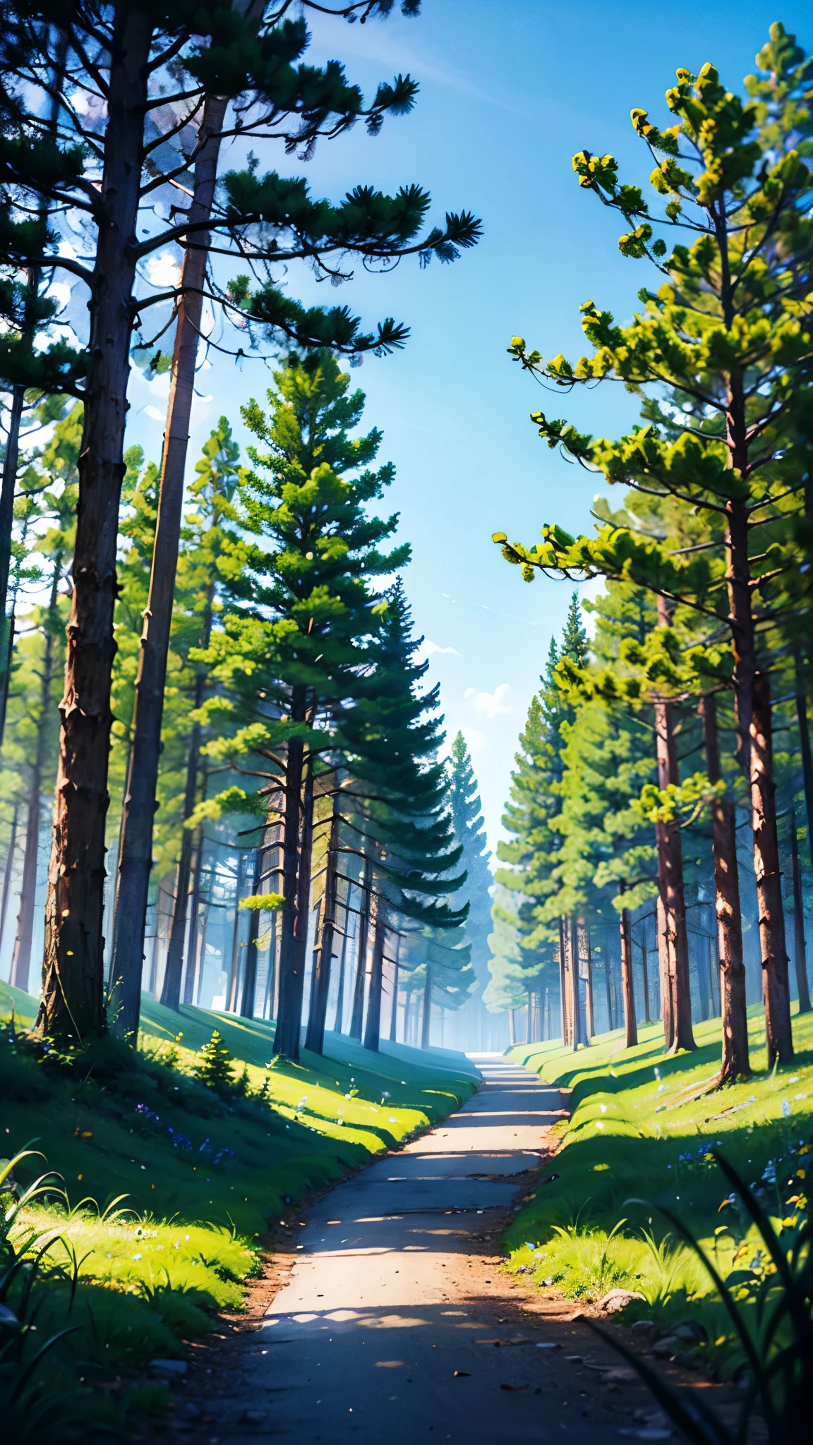 I want a phone background, green forest with Demon Slayer art style, blue sky, beautiful landscape