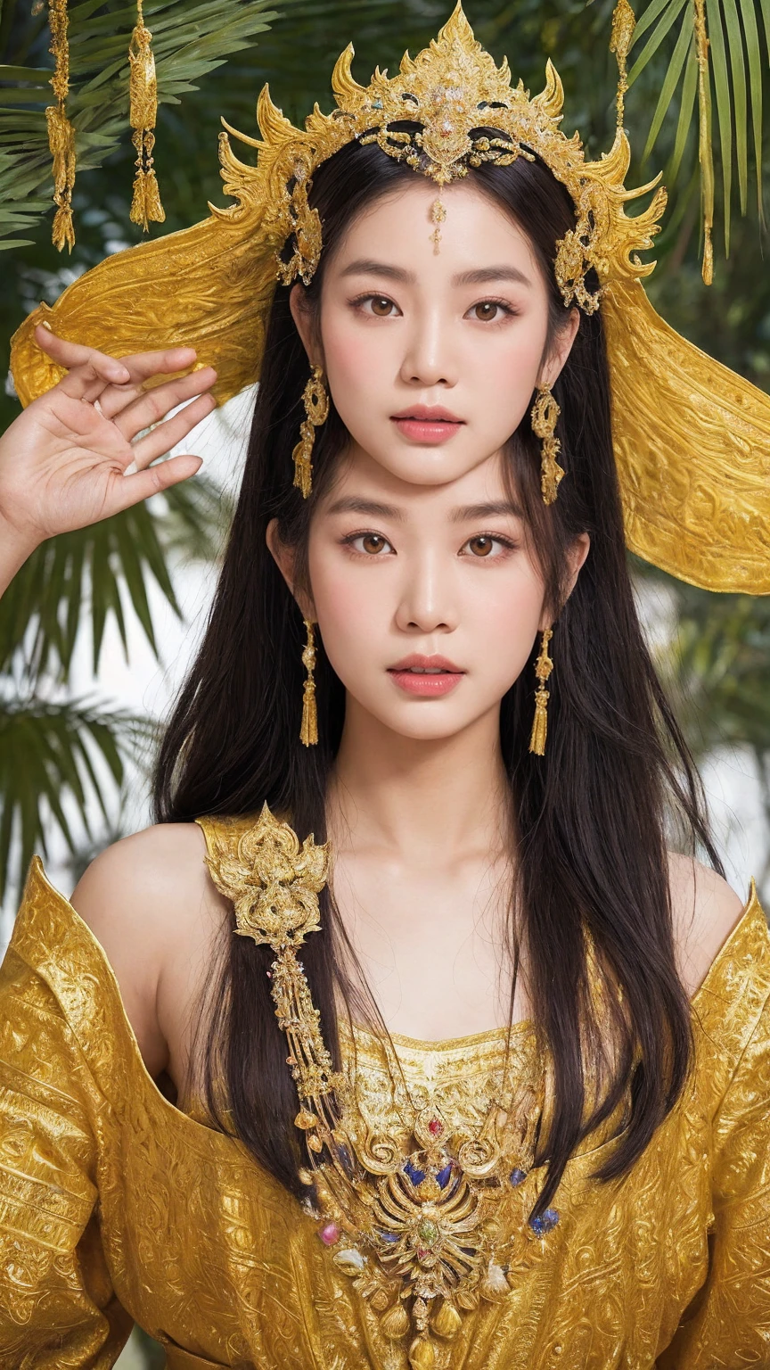 ภาพเต็มตัว, Create an image of the female ogre (nang yak) from the Thai epic 'Phra Aphai Mani'. She is depicted as a towering, majestic figure with green skin, fierce yet beautiful facial features, and traditional Thai attire adorned with intricate gold ornaments. Her long, flowing hair is decorated with traditional Thai jewelry. The background is a lush, mythical forest with exotic plants and flowers, capturing the enchanting and mystical atmosphere of the story.