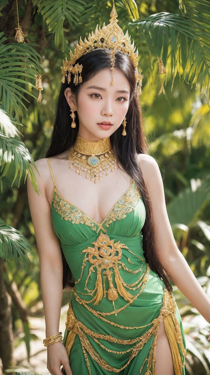 ภาพเต็มตัว, Create an image of the female ogre (nang yak) from the Thai epic 'Phra Aphai Mani'. She is depicted as a towering, majestic figure with green skin, fierce yet beautiful facial features, and traditional Thai attire adorned with intricate gold ornaments. Her long, flowing hair is decorated with traditional Thai jewelry. The background is a lush, mythical forest with exotic plants and flowers, capturing the enchanting and mystical atmosphere of the story.