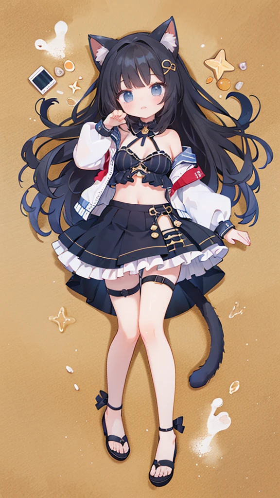 a girl,mini skirt,strappy heels，On the beach，Full body portrait,Hair，Has cat ears,Vision,Full body portrait,high quality,8k wallpaper