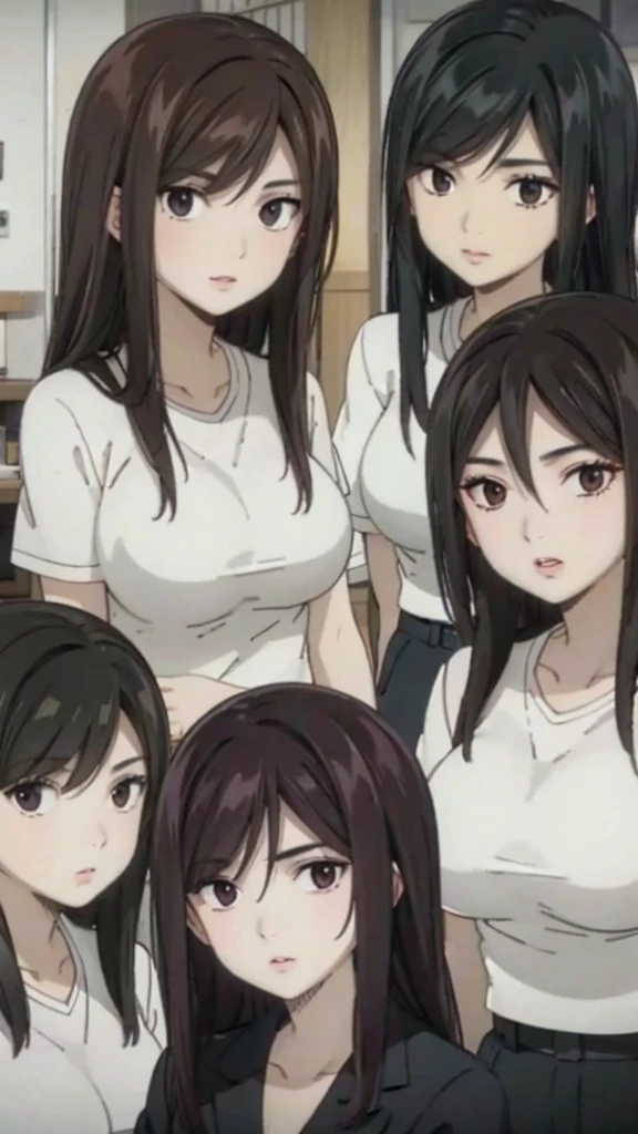 Mommy with 4 daughters,black hair, long hair, messy hair, hair between eyes, chubby cheek,Sexy lips, pucker lips