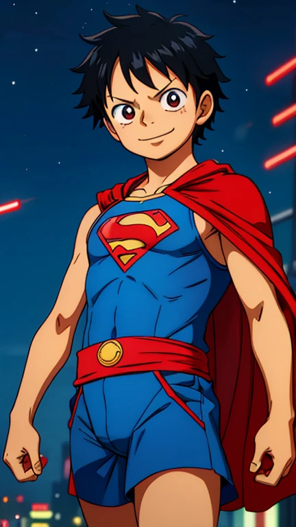 (8k),(masterpiece),(Japanese),(8-year-old boy),((innocent look)),((Childish)),From the front,smile,cute,Innocent,Kind eyes,Flat chest, Monkey D. Luffy wearing Superman Costume, Red Cape,Short,Hair blowing in the wind,Black Hair,Strong wind,night,dark, Neon light cyberpunk city