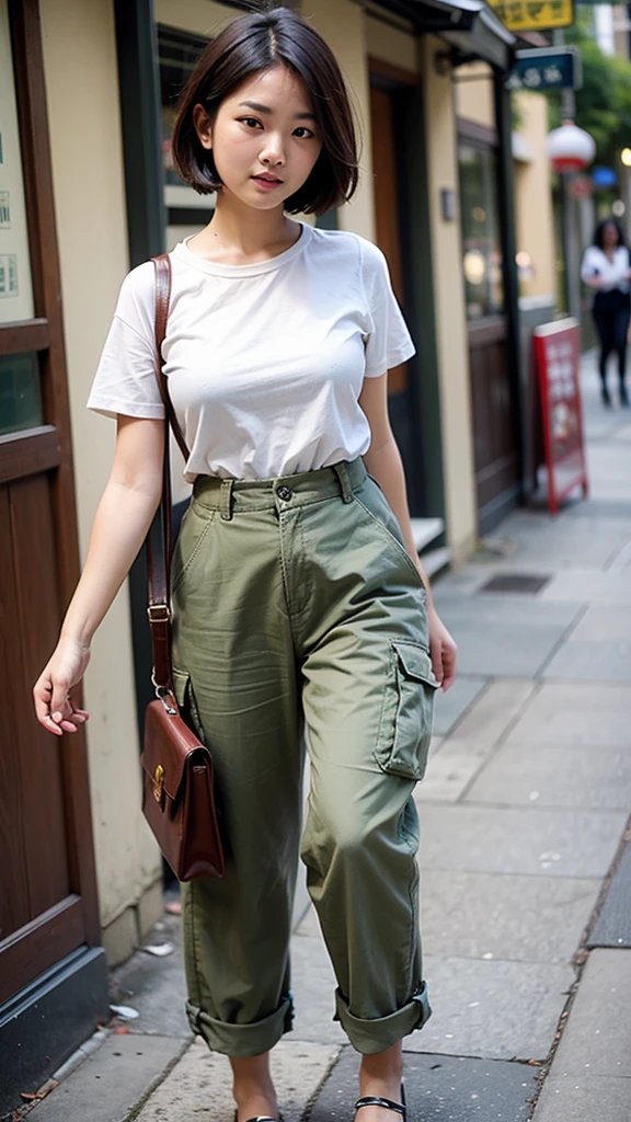 Short-haired beauty　Japanese　whole body　Chinatown　Black Hair、Brown eyes　Large Breasts　White T-shirt　Khaki cargo pants