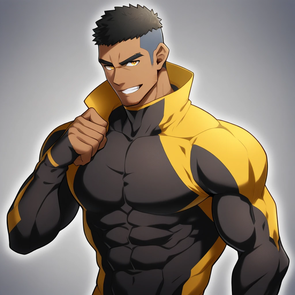 anime characters:Gyee, Muscle Sports Student, negro black skin, 1 dark skin muscular tough guy, Manliness, male focus, Dark yellow high collar long sleeve wetsuit, Matte texture, Very tight, Slightly transparent, muscular male, muscular, only, Upper body, alone, Black short hair, Thick eyebrows, stubble, Yellow eyes, Grey background, simple background, amazing quality, best aesthetics, Ridiculous, bright pupils, crew cut, parted lips, seductive smile, torogao, naughty face, best quality