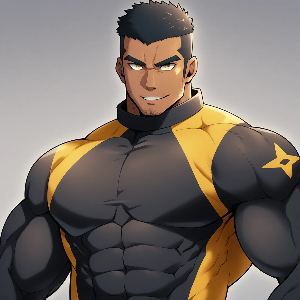 anime characters：Gyee, Muscle Sports Student, negro black skin, 1 dark skin muscular tough guy, Manliness, male focus, Dark yellow high collar long sleeve wetsuit, Matte texture, Very tight, Slightly transparent, muscular male, muscular, only, Upper body, alone, Black short hair, Thick eyebrows, stubble, Yellow eyes, Grey background, simple background, amazing quality, best aesthetics, Ridiculous, bright pupils, crew cut, parted lips, seductive smile, torogao, naughty face,  best quality
