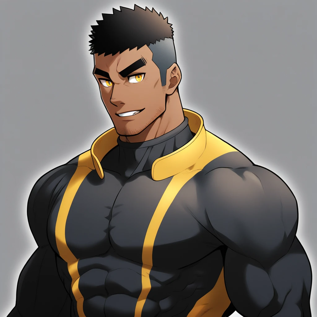 anime characters:Gyee, Muscle Sports Student, negro black skin, 1 dark skin muscular tough guy, Manliness, male focus, Dark yellow high collar long sleeve wetsuit, Matte texture, Very tight, Slightly transparent, muscular male, muscular, only, Upper body, alone, Black short hair, Thick eyebrows, stubble, Yellow eyes, Grey background, simple background, amazing quality, best aesthetics, Ridiculous, bright pupils, crew cut, parted lips, seductive smile, torogao, naughty face, best quality